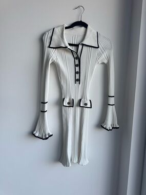 White Ribbed Knit Polo Dress with Black Trim